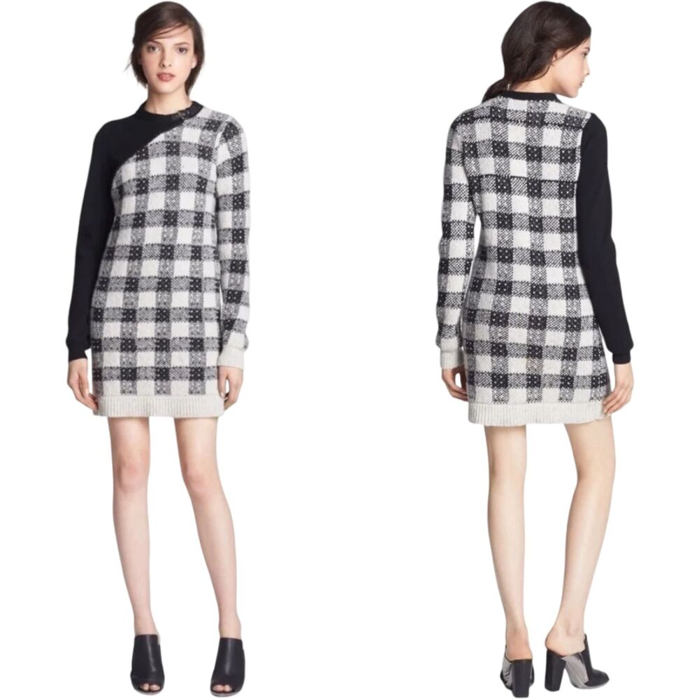 3.1 Phillip Lim NWOT Asymmetric Wool Plaid Shift Dress Black Cream Leather M